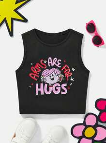 Mr Men Little Miss X SHEIN 帶卡通印花的Tween女孩黑色休閒背心 - 黑色 - 查看 4