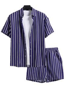 Men Striped Short Sleeve Shirt And Loose Shorts 2-Piece Casual Set, Summer