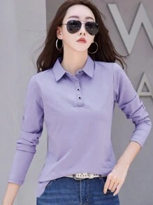 INAWLY 女式春夏纯色长袖休闲 Polo 衫 - 紫色 - 查看 3