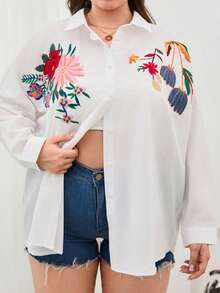 RueChic Damen Große Größen Oversize Langarm Freizeithemd mit asymmetrischer Stickerei und Blume Muster - Weiss - Übersicht 3