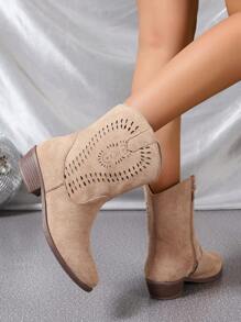 Fall/Winter Khaki Hollow Flower Pattern Asymmetric Striated Rough Heel/Low Heel Round Toe Side Zipper New Style Versatile Daily Commuter Women's Ankle Boots And Short Boots, Random,Boots For Women