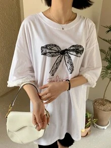 DAZY Women's Summer Oversized T-Shirt With Lace Sleeves And Bowknot Design Cute Tops,Graphic Tees - White - View 6
