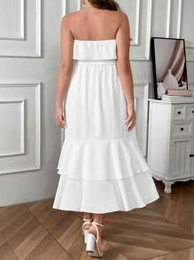 SHEIN Clasi Vestido bandeau de talla grande con bajo de volantes y parches - Blanco - Ver 2