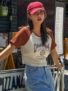 DAZY Áo thun tay lỡ họa tiết chữ Raglan, Áo crop top nữ - Gỗ đỏ - Xem 6