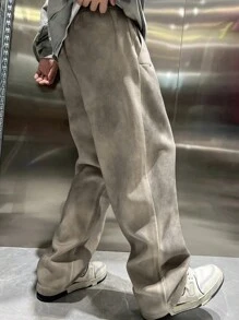 Manfinity Roghcode 男士美国高街荒原风格褪色脏运动裤，纯色长款街头宽松抽绳运动裤，适合丈夫、男朋友的礼物 - 米色 - 查看 2