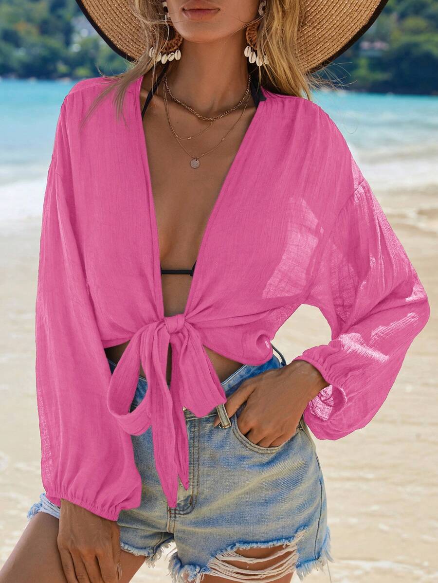 Swim Vcay Tie Front Drop Shoulder Kimono For Summer Beach - Hot Pink - View 1