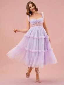 Enchnt Váy thiết kế lưới đơn giản và trơn hàng ngày dành cho nữ - Màu tím hoa cà - Xem 1