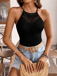 SHEIN Frenchy Women's Fall Casual Solid Color Lace Stitching Halter Neck Top, Fall Women Clothes, Fall Women Tops, Skinny Women Tank Top Black Summer