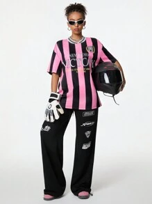 Coolane 女士 Blockcore 粉色时尚条纹图案 V 领足球球衣 T 恤