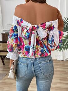 Breezaya 女士花卉印花度假平行雪纺衬衫，V 领露肩上衣 - 彩色 - 查看 4