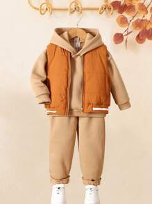 SHEIN 3-delige set met geribde kraag en effen sweatshirt voor jonge meisjes, geschikt voor herfst en winter voor vrijetijdskleding, school, feesten, verjaardagsfeestjes, shows, bruiloften, doopfeesten, eerste verjaardag, terug naar schoolseizoen