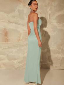 L'Amorae 女式秋季鼠尾草丝质高开叉露肩褶皱缎面长款外出优雅连衣裙