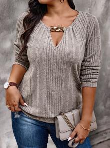 Calvaya Plus Size Women's Spring/Summer Casual Lock Hole Neck Long Sleeve Ribbed T-Shirt Graphic Tees Women Tops For Spring Fall For Women - Apricot - View 1