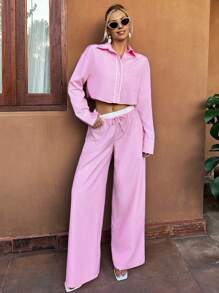 Forever 21 Damskie koszule na co dzień i na jesień i zimę, podstawowe, oversize i wyjściowe, z długim rękawem i jasnoróżowe w prążki - Różowy - Zobacz 4