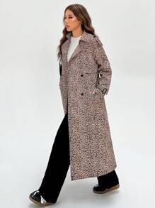 SHEIN EZwear Leopard Print Double Breasted Belted Trench Coat - Brown - View 6