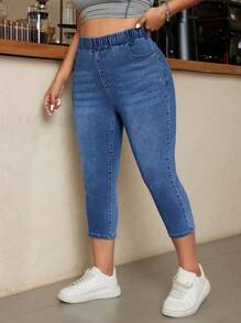 大码女式休闲松紧腰斜口袋修身九分牛仔裤 - 中等水洗藍 - 查看 3