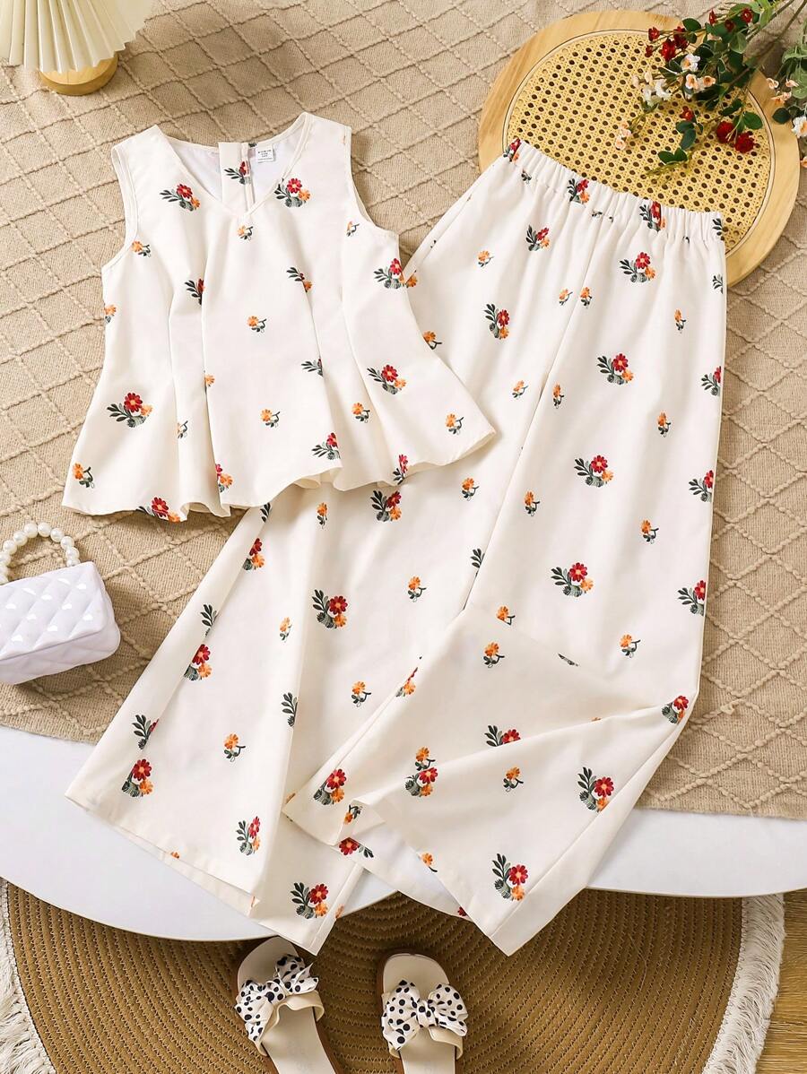 SHEIN LMoss Kids LMoss Tween Girl 宽松休闲无袖 V 领衬衫搭配阔腿花裤，2 件/套 - 杏色 - 查看 1