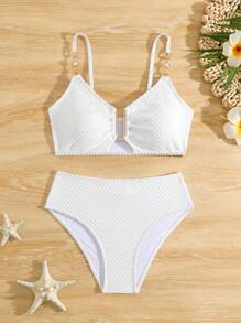 Tween Girl Simple And Elegant Cocoa Bead Material Bikini Set Two-Piece Set Summer Beach - White - View 1