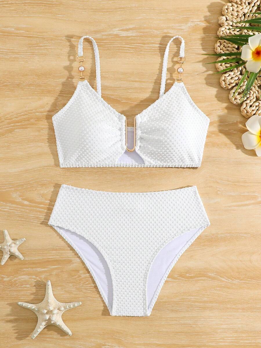 Tween Girl Simple And Elegant Cocoa Bead Material Bikini Set Two-Piece Set Summer Beach - White - View 1