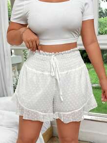 SHEIN Clasi Plus Swiss Dot Tie Front Ruffle Hem Shorts - White - View 6