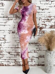 SHEIN Clasi Vestido turquesa elegante de mujer con corte ajustado y diseño abstracto impreso - Morado - Ver 4