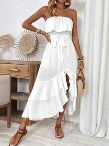 SHEIN Clasi Vestido bandeau de talla grande con bajo de volantes y parches - Blanco - Ver 1