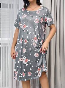 Váy ngủ tay ngắn đơn giản hàng ngày họa tiết hoa dành cho nữ, Moo Moo - Màu xám đen - Xem 4
