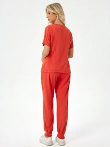 SHEIN TaskFit Women's Plain Simple Daily Short Sleeve Top And Long Pants Uniform Set, Scrub Set - Coral Orange - View 2