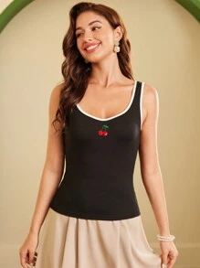 Vintamour 复古女士针织吊带背心，修身剪裁，心形领口，樱桃刺绣撞色饰边，无袖上衣，黑色，休闲度假装，春夏女士上衣