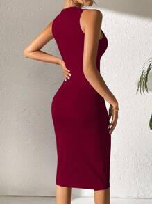 VaVaBold Summer Casual Solid Color Slim Fit Sleeveless Bodycon Dress Burgundy Color Women Outfit - Burgundy - View 2