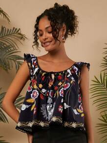 Travachic 度假風格編織印花方領短袖寬鬆女裝上衣 - 黑色 - 查看 4