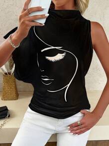 EMERY ROSE 针织立领不对称袖印花白色女式T恤 印花T恤 女式上衣 - 黑色 - 查看 6