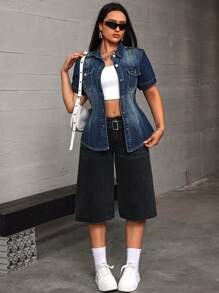 SHEIN ICON Flap Pocket Button Front Denim Jacket - Blue - View 3