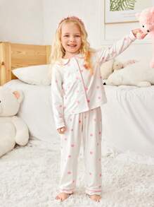 2 件装少女简约白色和粉色波尔卡圆点印花睡衣套装、长裤和长袖上衣、休闲睡衣 - 彩色 - 查看 3