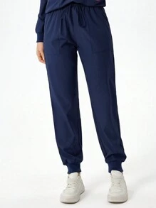 SHEIN TaskFit 纯色简约日常校服下装，磨砂下装 - 藏蓝色 - 查看 5