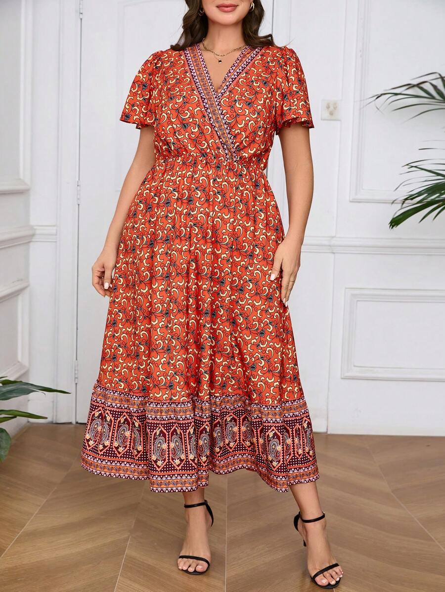 Mulvari Plus Size Women's Random Printed Simple Daily Dress - Red - View 1