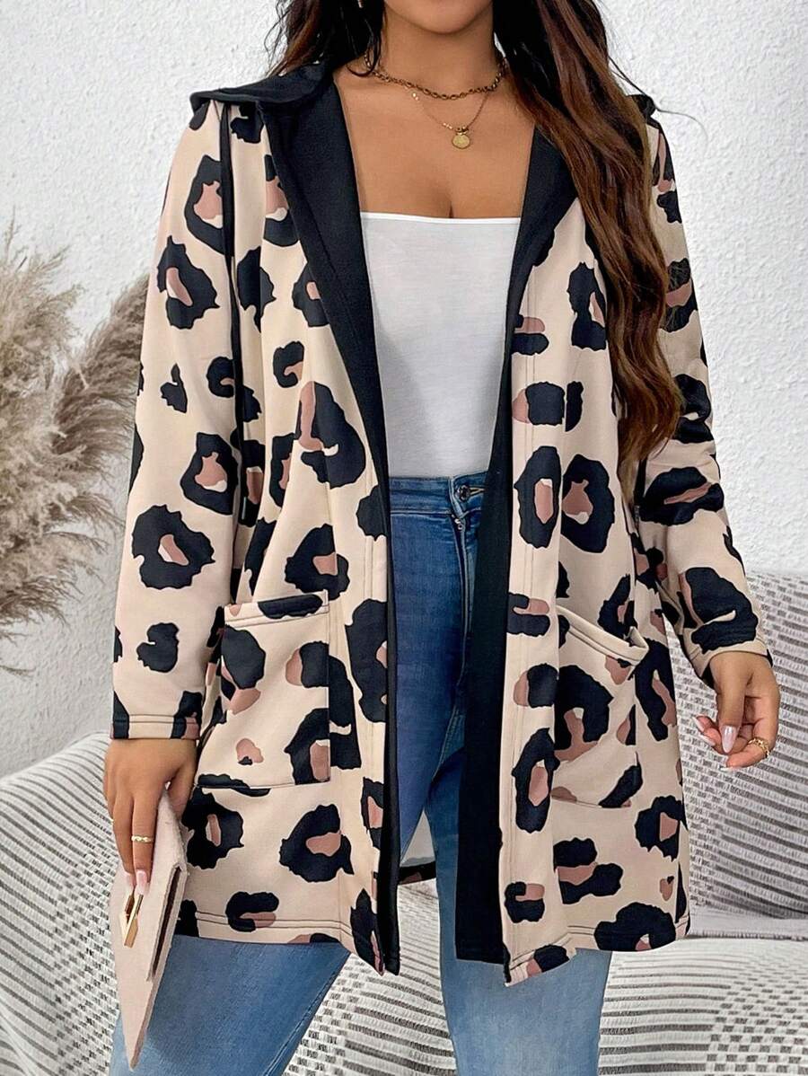 SHEIN LUNE Plus Leopard Print Hooded Coat For Dailywear - Multicolor - View 1