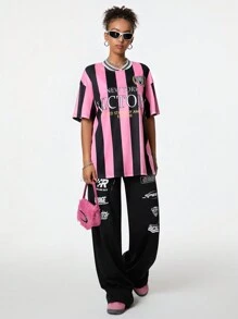 Coolane 女士 Blockcore 粉色时尚条纹图案 V 领足球球衣 T 恤