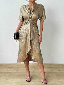 Chiquease Váy Satin tay áo cánh dơi xoắn phía trước Jacquard - Vàng - Xem 5