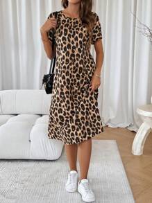 SHEIN LUNE 女士豹纹圆领短袖连衣裙（随机剪裁） 长款女装 - 彩色 - 查看 3