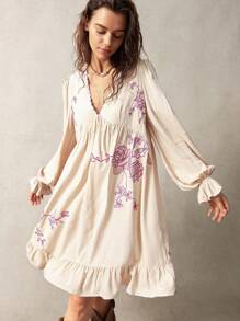 Bohemela Vacation Embroidery Women's Casual Mid-Length Dress, Beige Color, Summer - Apricot - View 4