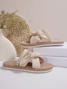 新款时尚百搭女士沙滩凉鞋，防滑、保护脚趾、蝴蝶结装饰平底一脚蹬凉鞋 - 米色 - 查看 4