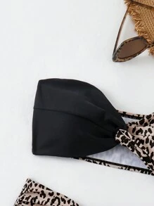 Swim Basics 女士夏季海灘豹紋拼接扭結束口比基尼套裝 - 黑色 - 查看 7