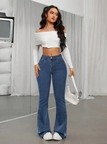 SHEIN ICON Quần jean ống loe lưng cao dành cho nữ - Rửa tối - Xem 3