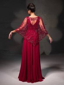 New High-End Red V-Neck Lace Shawl Evening Dress Set - Red - View 2