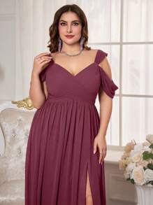 UNITHORSE Plus Size Women Off Shoulder Short Sleeve Chiffon Bride Dress - Red Violet - View 3