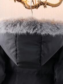 Jong meisje middellange capuchon puffer jas met pluizige en ritssluiting, imitatie leren patchwork