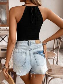 SHEIN Frenchy Women's Fall Casual Solid Color Lace Stitching Halter Neck Top, Fall Women Clothes, Fall Women Tops, Skinny Women Tank Top Black Summer