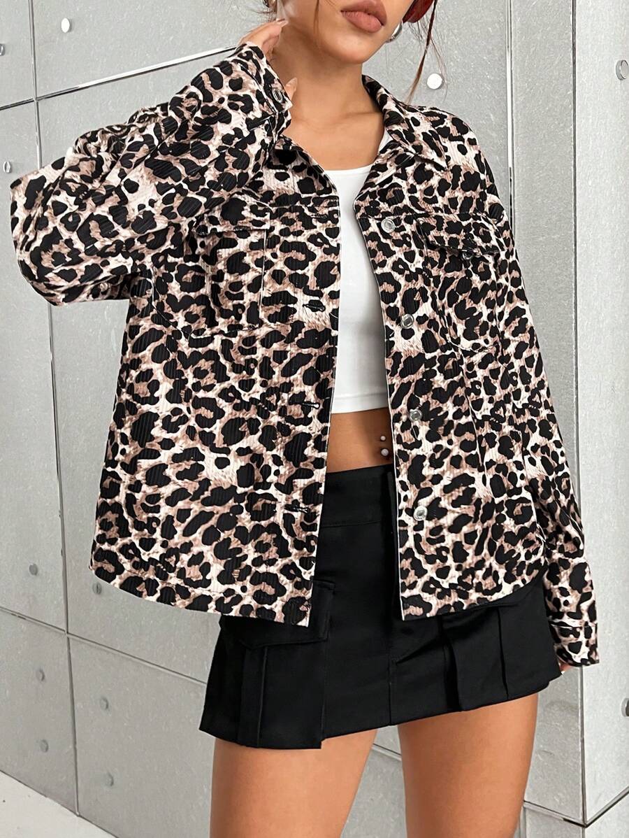 SHEIN EZwear Corduroy Leopard Print Woven Women's Fashionable Long Sleeve Open Front Jacket - Multicolor - View 1