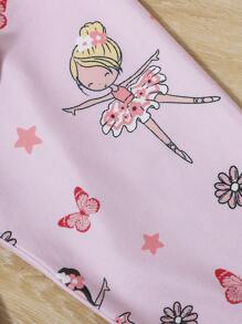 SHEIN Leap Crew Tween Girl Cartoon Graphic Tee & Pants Snug Fit PJ Set - Baby Pink - View 4